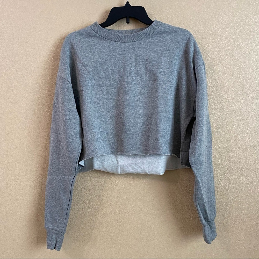 Nordstrom Socialite‎ New Size L Grey Cropped Crewneck Fleece Sweatshirt Brushed